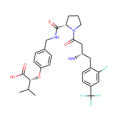 CC(C)[C@@H](Oc1ccc(CNC(=O)[C@@H]2CCCN2C(=O)C[C@@H](N)Cc2ccc(C(F)(F)F)cc2F)cc1)C(=O)O ZINC000028386405