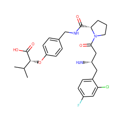 CC(C)[C@@H](Oc1ccc(CNC(=O)[C@@H]2CCCN2C(=O)C[C@@H](N)Cc2ccc(F)cc2Cl)cc1)C(=O)O ZINC000028384687