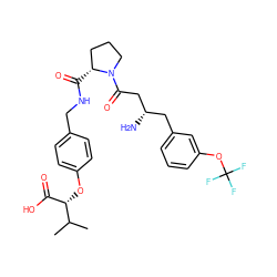 CC(C)[C@@H](Oc1ccc(CNC(=O)[C@@H]2CCCN2C(=O)C[C@@H](N)Cc2cccc(OC(F)(F)F)c2)cc1)C(=O)O ZINC000028384708