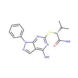 CC(C)[C@@H](Sc1nc(N)c2cnn(-c3ccccc3)c2n1)C(N)=O ZINC000013759710