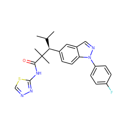 CC(C)[C@@H](c1ccc2c(cnn2-c2ccc(F)cc2)c1)C(C)(C)C(=O)Nc1nncs1 ZINC000096283966