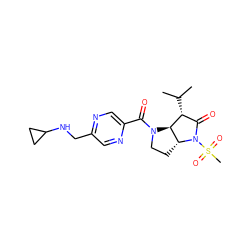 CC(C)[C@@H]1C(=O)N(S(C)(=O)=O)[C@@H]2CCN(C(=O)c3cnc(CNC4CC4)cn3)[C@@H]12 ZINC000013490859