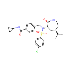 CC(C)[C@@H]1CCNC(=O)[C@@H](N(Cc2ccc(C(=O)NC3CC3)cc2)S(=O)(=O)c2ccc(Cl)cc2)C1 ZINC000029129177