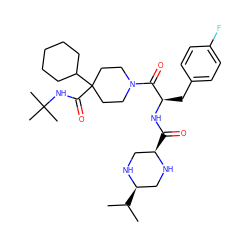 CC(C)[C@@H]1CN[C@H](C(=O)N[C@H](Cc2ccc(F)cc2)C(=O)N2CCC(C(=O)NC(C)(C)C)(C3CCCCC3)CC2)CN1 ZINC000028522967