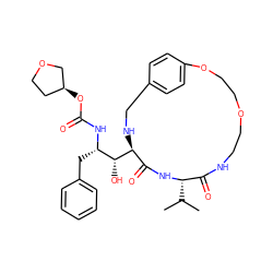 CC(C)[C@@H]1NC(=O)[C@@H]([C@H](O)[C@H](Cc2ccccc2)NC(=O)O[C@H]2CCOC2)NCc2ccc(cc2)OCCOCCNC1=O ZINC000026977768