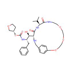 CC(C)[C@@H]1NC(=O)[C@@H]([C@H](O)[C@H](Cc2ccccc2)NC(=O)O[C@H]2CCOC2)NCc2ccc(cc2)OCCOCCOCCNC1=O ZINC000026984671