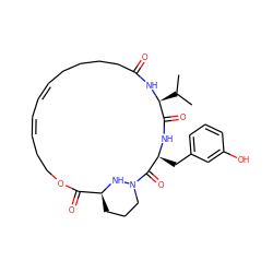 CC(C)[C@@H]1NC(=O)CCCC/C=C/C=C/CCOC(=O)[C@@H]2CCCN(N2)C(=O)[C@H](Cc2cccc(O)c2)NC1=O ZINC000139698822