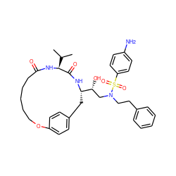 CC(C)[C@@H]1NC(=O)CCCCCOc2ccc(cc2)C[C@@H]([C@H](O)CN(CCc2ccccc2)S(=O)(=O)c2ccc(N)cc2)NC1=O ZINC000029396284