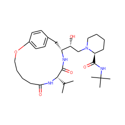 CC(C)[C@@H]1NC(=O)CCCCOc2ccc(cc2)C[C@H]([C@H](O)CN2CCCC[C@H]2C(=O)NC(C)(C)C)NC1=O ZINC000026574279