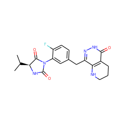 CC(C)[C@@H]1NC(=O)N(c2cc(Cc3n[nH]c(=O)c4c3NCCC4)ccc2F)C1=O ZINC000148924123