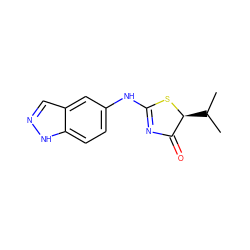 CC(C)[C@@H]1SC(Nc2ccc3[nH]ncc3c2)=NC1=O ZINC000028826752