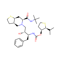 CC(C)[C@@H]1SCC[C@@H]1OC(=O)N[C@@H](Cc1ccccc1)[C@H](O)CN1C[C@H]2CCS[C@H]2C[C@H]1C(=O)NC(C)(C)C ZINC000014942860