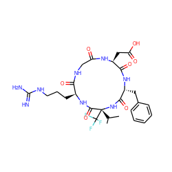 CC(C)[C@]1(C(F)(F)F)NC(=O)[C@@H](Cc2ccccc2)NC(=O)[C@H](CC(=O)O)NC(=O)CNC(=O)[C@H](CCCNC(=N)N)NC1=O ZINC000003938407