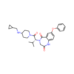 CC(C)[C@H](C(=O)N1CCC(NCC2CC2)CC1)N1CC(=O)Nc2ccc(Oc3ccccc3)cc2C1=O ZINC000084604794