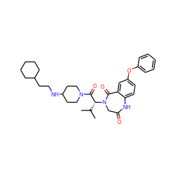 CC(C)[C@H](C(=O)N1CCC(NCCC2CCCCC2)CC1)N1CC(=O)Nc2ccc(Oc3ccccc3)cc2C1=O ZINC000084597194