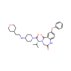 CC(C)[C@H](C(=O)N1CCC(NCCC2CCOCC2)CC1)N1CC(=O)Nc2ccc(Oc3ccccc3)cc2C1=O ZINC000084602245