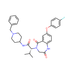 CC(C)[C@H](C(=O)NC1CCN(Cc2ccccc2)CC1)N1CC(=O)Nc2ccc(Oc3ccc(F)cc3)cc2C1=O ZINC000084616923