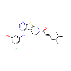 CC(C)[C@H](C)C/C=C/C(=O)N1CCc2c(sc3ncnc(Nc4cc(O)cc(Cl)c4)c23)C1 ZINC000096172265