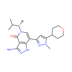 CC(C)[C@H](C)n1cc(-c2cc(C3CCOCC3)n(C)n2)c2[nH]nc(N)c2c1=O ZINC000653813151