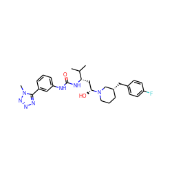 CC(C)[C@H](C[C@@H](O)N1CCC[C@@H](Cc2ccc(F)cc2)C1)NC(=O)Nc1cccc(-c2nnnn2C)c1 ZINC000029130145