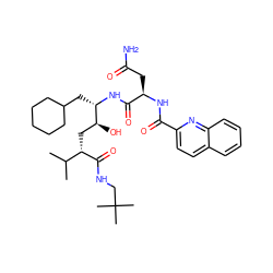 CC(C)[C@H](C[C@H](O)[C@H](CC1CCCCC1)NC(=O)[C@@H](CC(N)=O)NC(=O)c1ccc2ccccc2n1)C(=O)NCC(C)(C)C ZINC000027903089