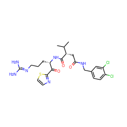 CC(C)[C@H](CC(=O)NCc1ccc(Cl)c(Cl)c1)C(=O)N[C@@H](CCCN=C(N)N)C(=O)c1nccs1 ZINC000036184941