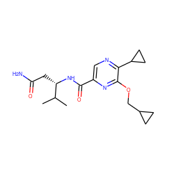 CC(C)[C@H](CC(N)=O)NC(=O)c1cnc(C2CC2)c(OCC2CC2)n1 ZINC000207405267