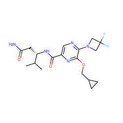 CC(C)[C@H](CC(N)=O)NC(=O)c1cnc(N2CC(F)(F)C2)c(OCC2CC2)n1 ZINC000207405201