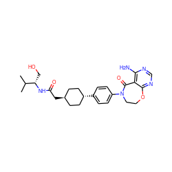 CC(C)[C@H](CO)NC(=O)C[C@H]1CC[C@H](c2ccc(N3CCOc4ncnc(N)c4C3=O)cc2)CC1 ZINC000261077872