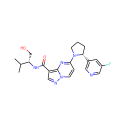 CC(C)[C@H](CO)NC(=O)c1cnn2ccc(N3CCC[C@@H]3c3cncc(F)c3)nc12 ZINC000165752860