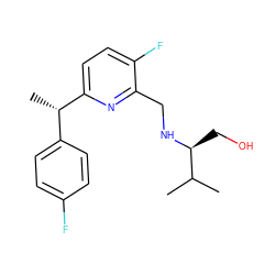 CC(C)[C@H](CO)NCc1nc([C@@H](C)c2ccc(F)cc2)ccc1F ZINC000204423735