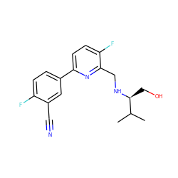 CC(C)[C@H](CO)NCc1nc(-c2ccc(F)c(C#N)c2)ccc1F ZINC000204419540