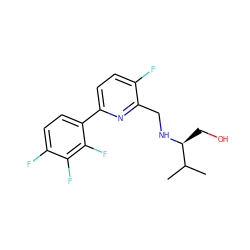 CC(C)[C@H](CO)NCc1nc(-c2ccc(F)c(F)c2F)ccc1F ZINC000204426233