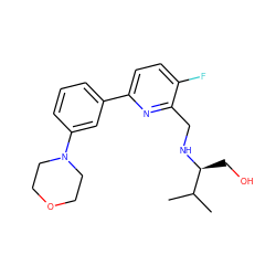 CC(C)[C@H](CO)NCc1nc(-c2cccc(N3CCOCC3)c2)ccc1F ZINC000204419879