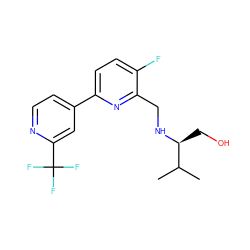 CC(C)[C@H](CO)NCc1nc(-c2ccnc(C(F)(F)F)c2)ccc1F ZINC000204410737