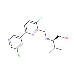 CC(C)[C@H](CO)NCc1nc(-c2cncc(Cl)c2)ccc1F ZINC000204409859