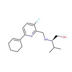 CC(C)[C@H](CO)NCc1nc(C2=CCCCC2)ccc1F ZINC000204412646