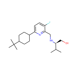 CC(C)[C@H](CO)NCc1nc(C2CCC(C(C)(C)C)CC2)ccc1F ZINC000204415220