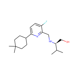 CC(C)[C@H](CO)NCc1nc(C2CCC(C)(C)CC2)ccc1F ZINC000204407566