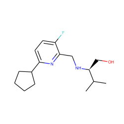 CC(C)[C@H](CO)NCc1nc(C2CCCC2)ccc1F ZINC000204416575