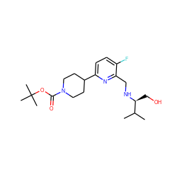 CC(C)[C@H](CO)NCc1nc(C2CCN(C(=O)OC(C)(C)C)CC2)ccc1F ZINC000204416699