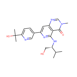 CC(C)[C@H](CO)Nc1nc(-c2ccc(C(C)(C)O)nc2)cc2ncn(C)c(=O)c12 ZINC000115622587