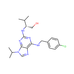 CC(C)[C@H](CO)Nc1nc(NCc2ccc(Cl)cc2)c2ncn(C(C)C)c2n1 ZINC000139226928