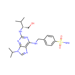 CC(C)[C@H](CO)Nc1nc(NCc2ccc(S(N)(=O)=O)cc2)c2ncn(C(C)C)c2n1 ZINC000013682602