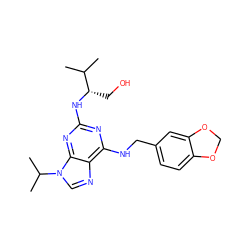 CC(C)[C@H](CO)Nc1nc(NCc2ccc3c(c2)OCO3)c2ncn(C(C)C)c2n1 ZINC000013834596