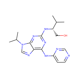 CC(C)[C@H](CO)Nc1nc(Nc2ccncn2)c2ncn(C(C)C)c2n1 ZINC000095598054