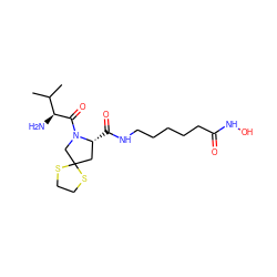 CC(C)[C@H](N)C(=O)N1CC2(C[C@H]1C(=O)NCCCCCC(=O)NO)SCCS2 ZINC000072104636