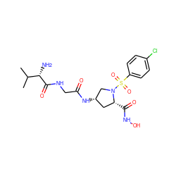 CC(C)[C@H](N)C(=O)NCC(=O)N[C@H]1C[C@@H](C(=O)NO)N(S(=O)(=O)c2ccc(Cl)cc2)C1 ZINC000169330372