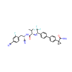 CC(C)[C@H](N[C@@H](c1ccc(-c2ccc(C3(C(N)=O)CC3)cc2)cc1)C(F)(F)F)C(=O)N[C@H](C#N)Cc1ccc(C#N)cc1F ZINC000043205772