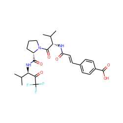 CC(C)[C@H](NC(=O)/C=C/c1ccc(C(=O)O)cc1)C(=O)N1CCC[C@H]1C(=O)N[C@@H](C(=O)C(F)(F)F)C(C)C ZINC000029558657